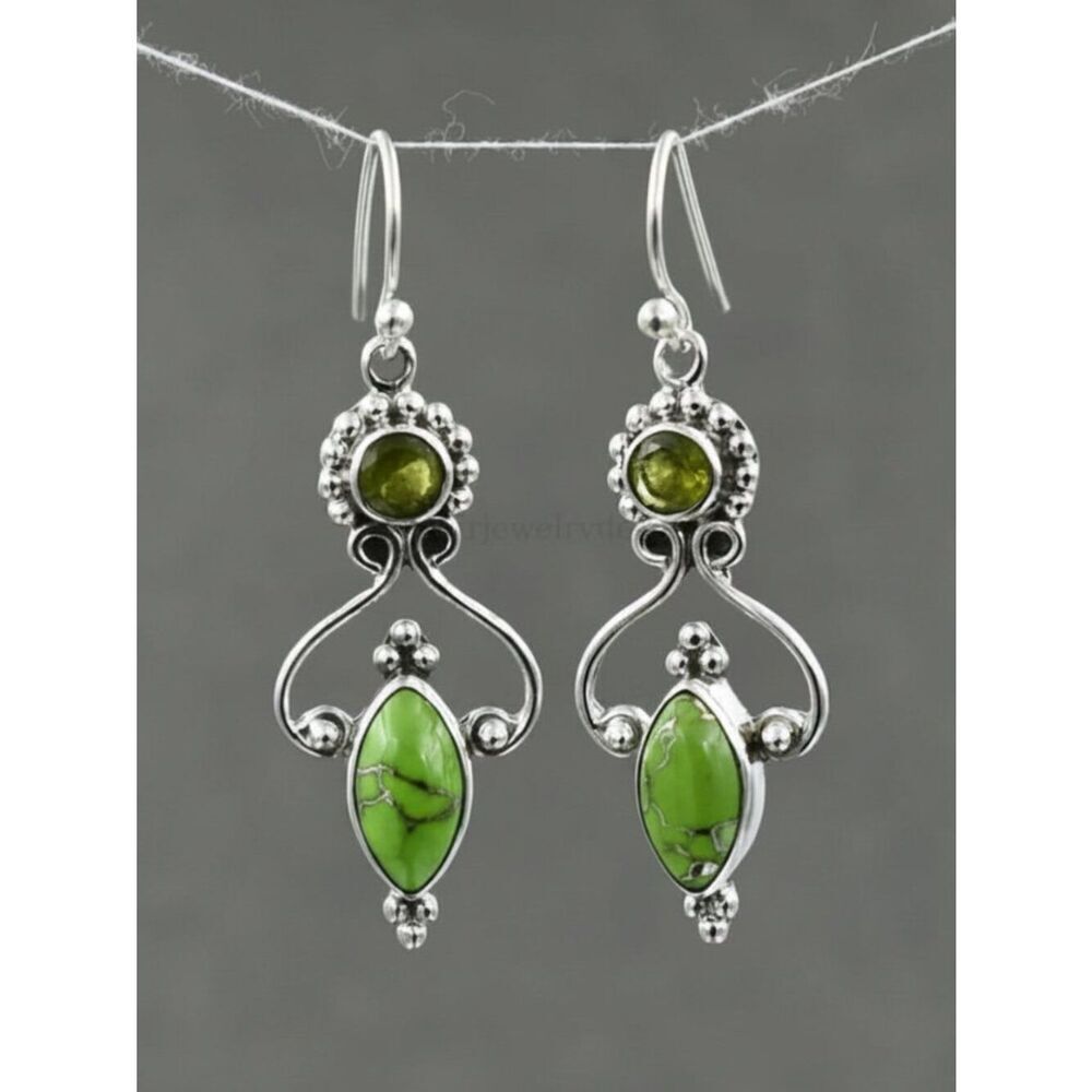 NWT Boho Silver Plated Faux Green Turquoise Peridot Dangle Drop Earrings